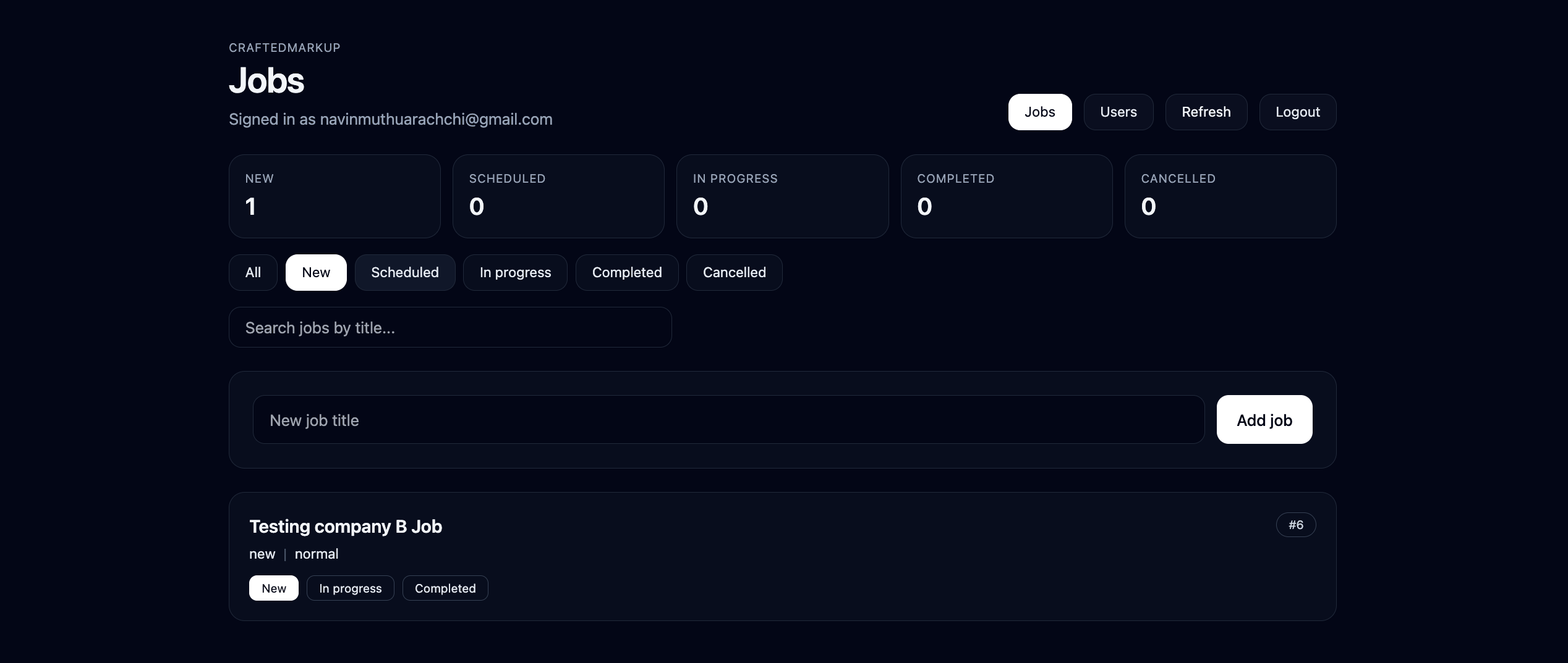 CraftedMarkup job management dashboard