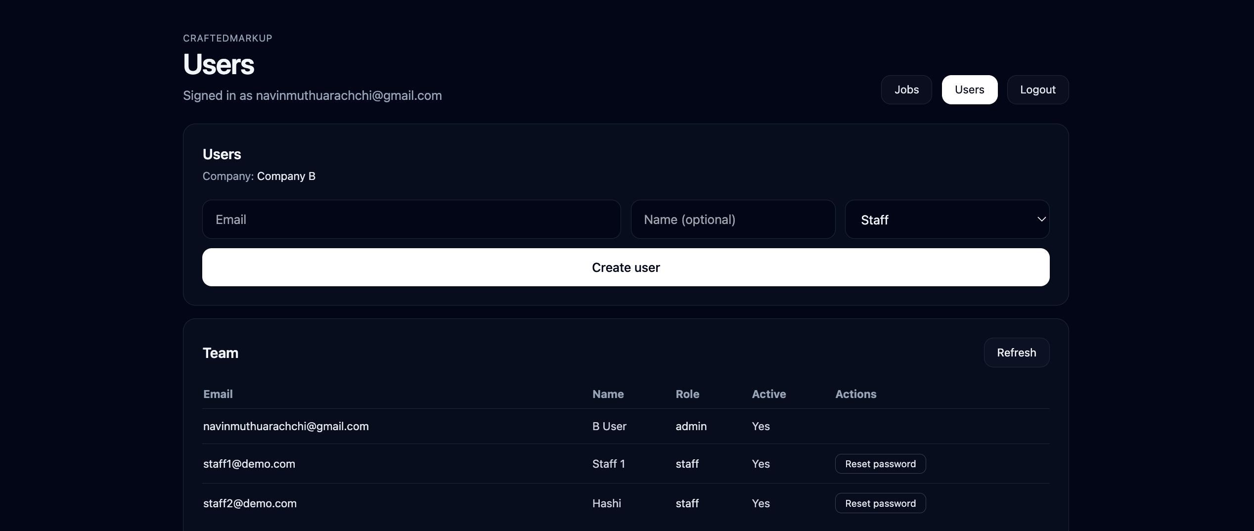 CraftedMarkup team management interface